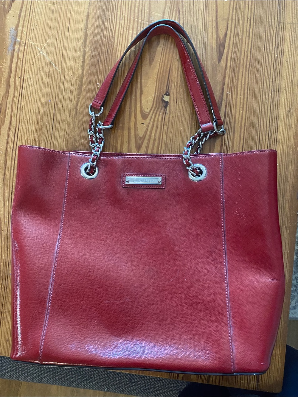 Calvin Klein Red Leather Chain-Handle Tote